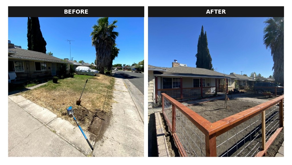 Front yard before and after landscaping and fencing